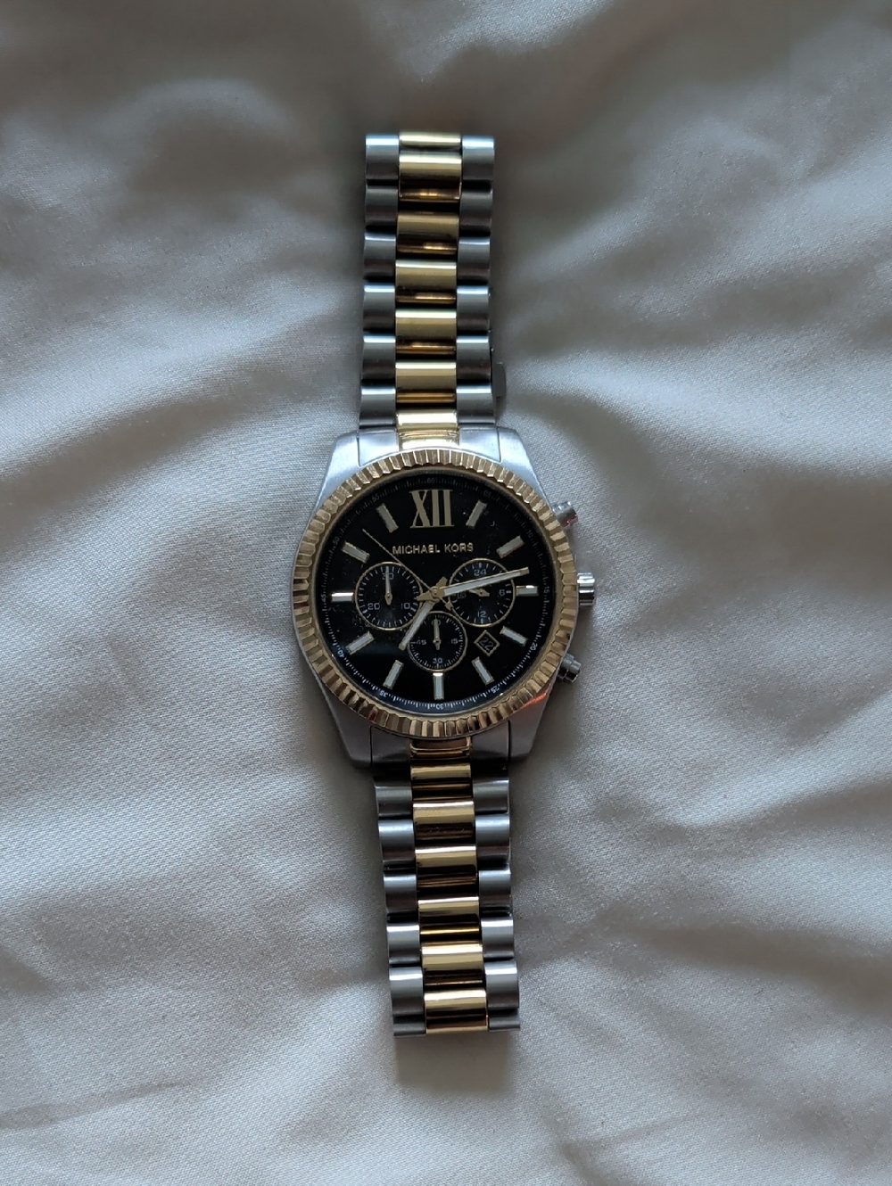 Michael Kors Two-Tone Gold and Silver Chronograph Watch with Black Dial